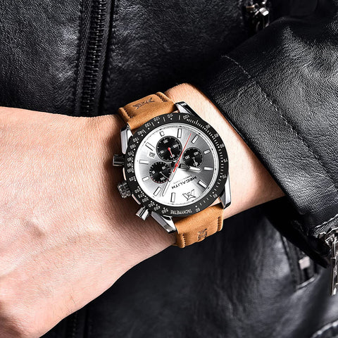 MEGALITH Mens Watch Waterproof Quartz Chronograph Watches for Men Men's Analog Stylish Sport Casual Classic Wrist Watch with Brown Leather Band Unique Gifts for Men
