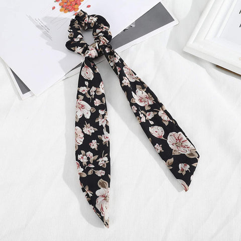 AWAYTR Chiffon Ponytail Hair Scarf Scrunchies - 4 Packs Flower Cashew Leopard Ripple Point Elastic Hair Ties Bow for Women (Bud(Blue+White+Black+Pink))