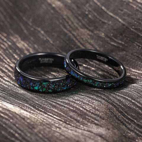 TRUMIUM 4mm 6mm Mens Tungsten Wedding Rings Galaxy Opal Inlay Wedding Bands for Women Black Sand Two Tone Polished Comfort Fit Size 5-13