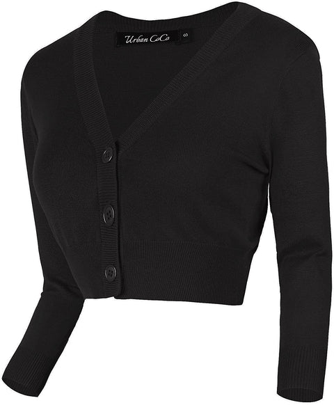 Women's Cropped Cardigan V-Neck Button Down Knitted Sweater 3/4 Sleeve