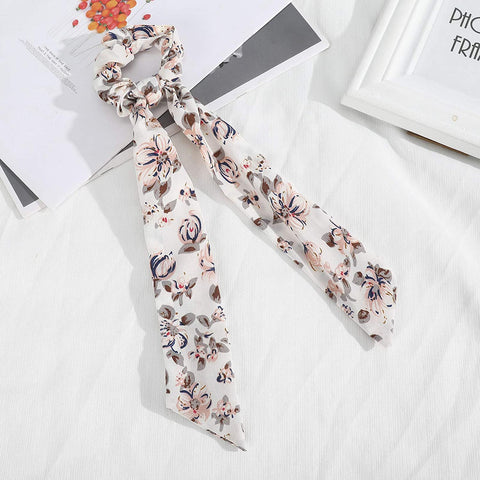 AWAYTR Chiffon Ponytail Hair Scarf Scrunchies - 4 Packs Flower Cashew Leopard Ripple Point Elastic Hair Ties Bow for Women (Bud(Blue+White+Black+Pink))