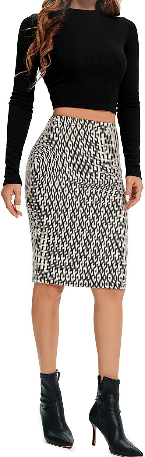 Women‘s Elastic Waist Stretch Basic Bodycon Midi Knee Length Pencil Skirt for Office and Home