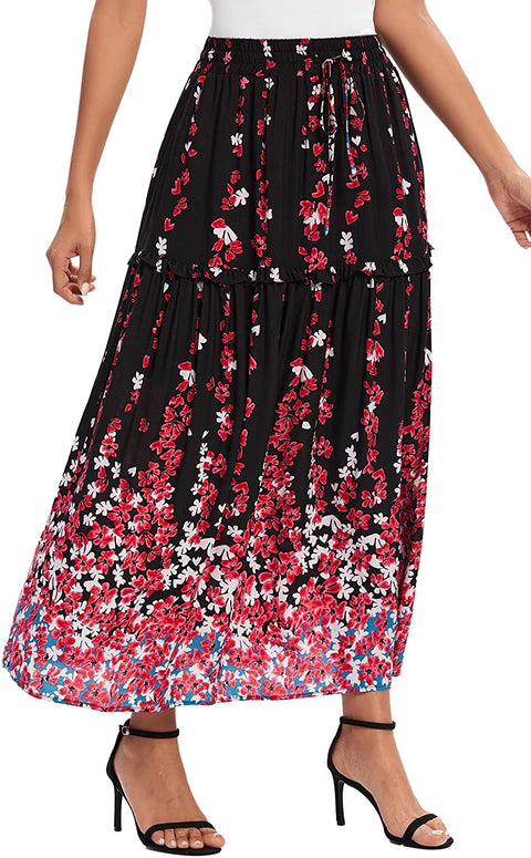 Women's Casual Elastic Waist Floral Print Pleated Maxi Skirt with Pocket