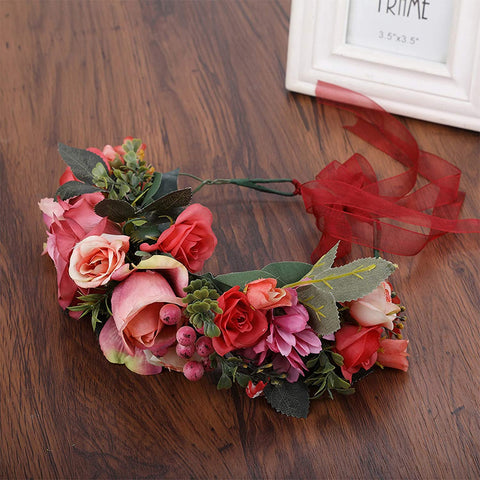 Flower Halo Crown Floral Headpiece - AWAYTR Bohemia Flower Headband Hair Wreath Garland for Women (cameo brown)