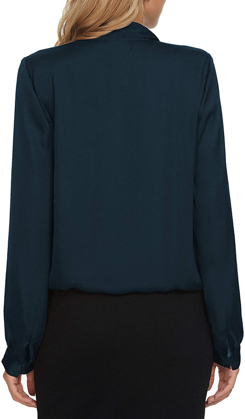 Women's Business Casual V-Neck Long Sleeve Wrap Blouse Solid Chiffon Shirts