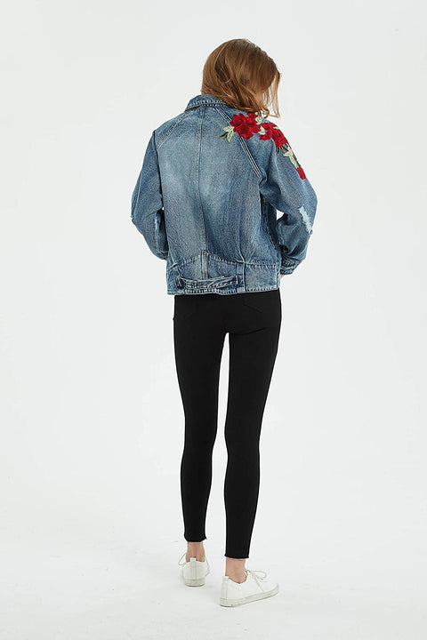 Womens Oversize Distressed Ripped Denim Washed Jacket with Applique Embroidery