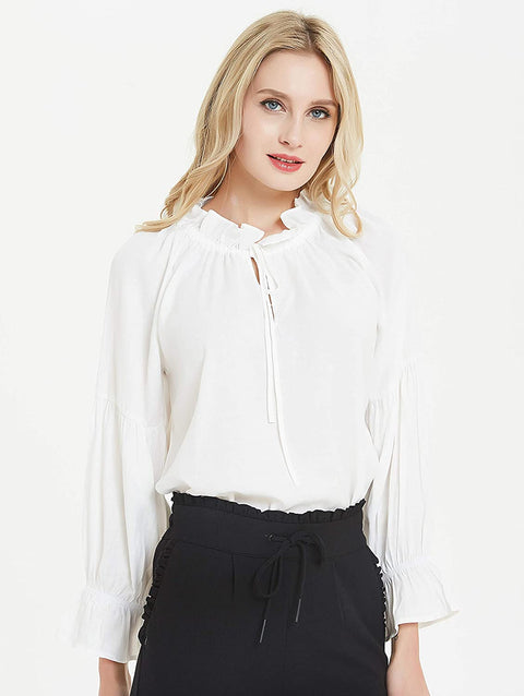 Womens White Oversized Tie Ruffled Neckline Top Blouse Tunic Shirt