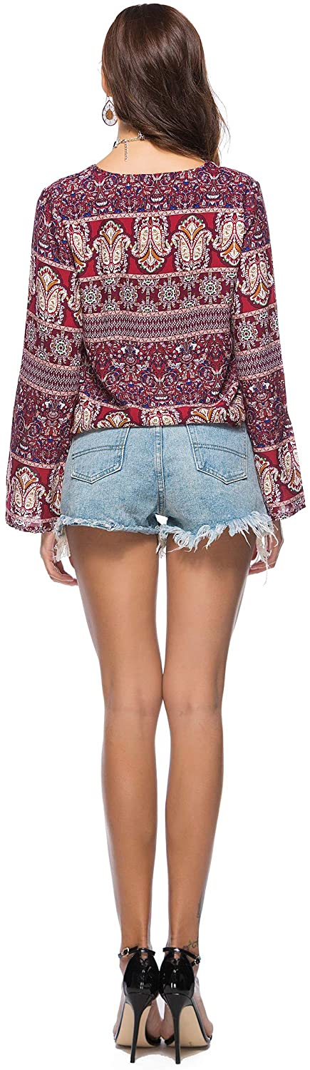 Womens Casual V Neck Viscose Paisley Print Tunics Top Shirt Blouse Tie on The Front