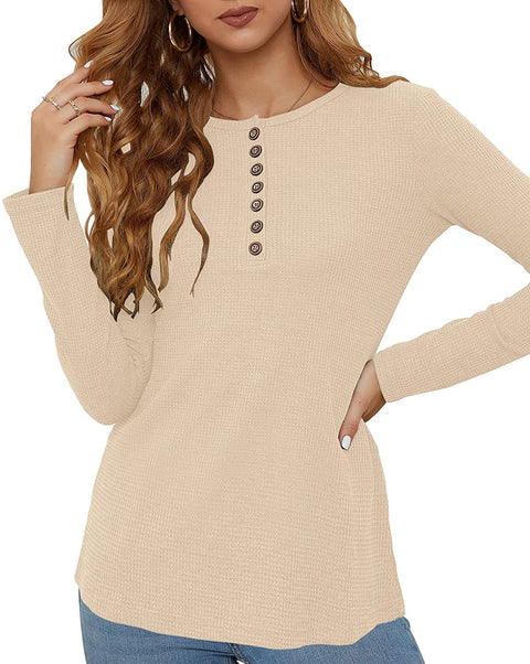 WNEEDU Women's Waffle Knit Tops Casual Long Sleeve Blouses Slim Fit Button Down V Neck Henley Shirts