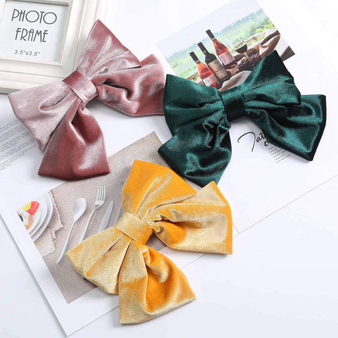 Velvet Bow Barrettes Hair Clips - AWAYTR 2 Packs Flower Elastic Big Hair Bow for Women Wedding Party (yellow+pink)