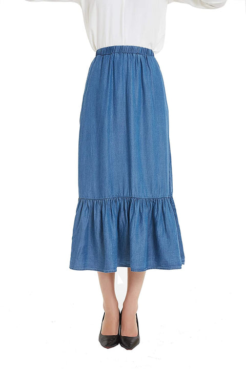 Womens Tencel Denim Long Midi Skirt Pleated Hem