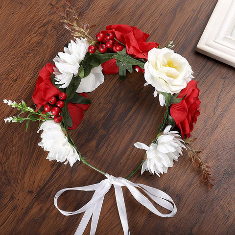 AWAYTR Halloween Spider Rose Flower Headband Leave Flower Adjustable Ribbon Headband Wedding Festival Headdress for Girls (White+red+Fake Spider)