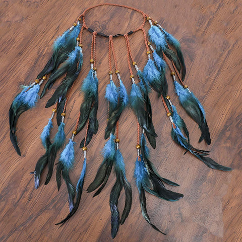 Boho Headdress Feather Headband Accessories - AWAYTR Feather Elastic Gypsy Festival Headband Indian Fancy Headpieces 1970s (Blue)