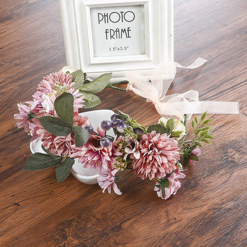 Flower Halo Crown Floral Headpiece - AWAYTR Bohemia Flower Headband Hair Wreath Garland for Women (dark pink)