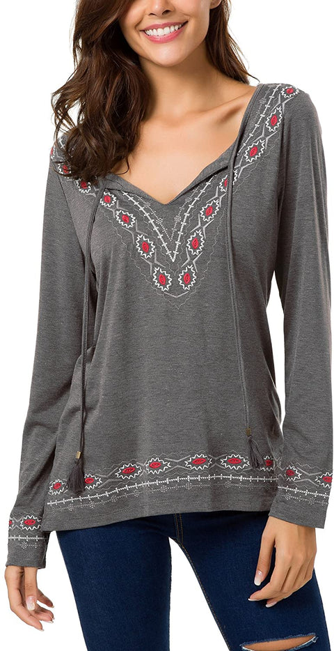 Women's Long Sleeve Boho Tops Tie Neck Embroidered Detail