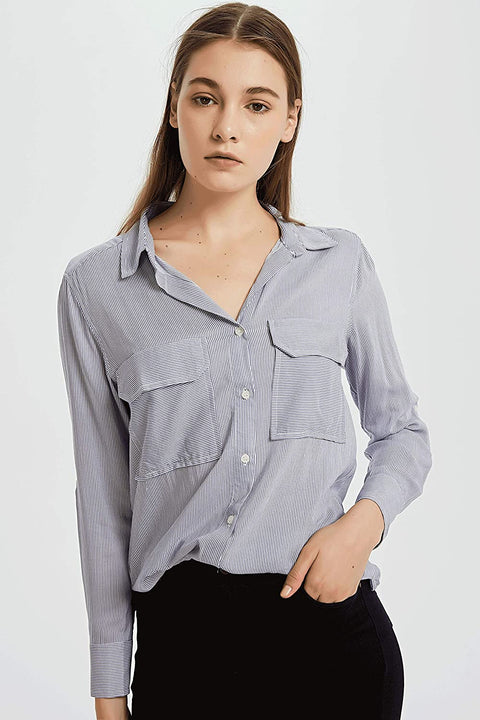 Womens Rayon Long Sleeves Blouse Stripe Shirt