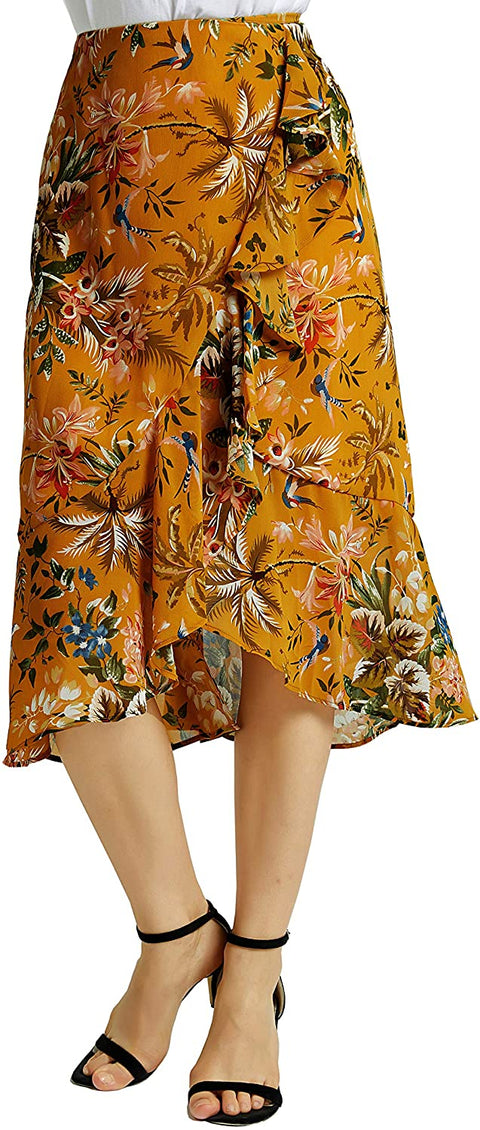 Womens A Line Floral Print Midi Skirt with Ruffle on The Front