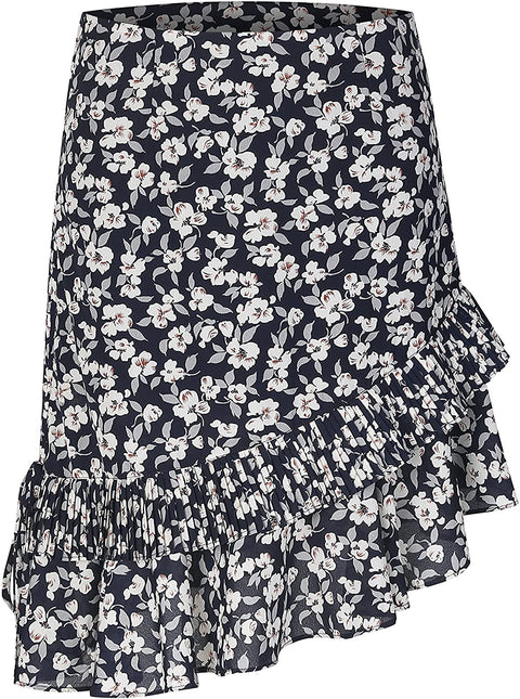 Womens A Line Chiffon Print Pleated Midi Skirt High and Low Hem
