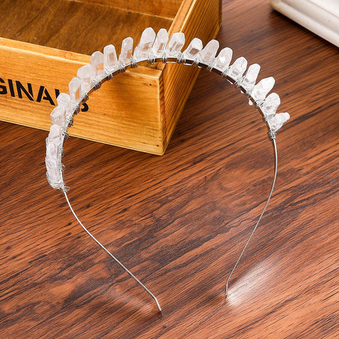 AWAYTR Raw Crystal Quartz Crown – Rhinestone Tiara Mermaid Headband for Woman Weeding and Partie(white)