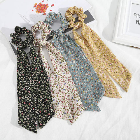 AWAYTR Chiffon Ponytail Hair Scarf Scrunchies - 4 Packs Flower Cashew Leopard Ripple Point Elastic Hair Ties Bow for Women (Bud(Blue+White+Black+Pink))