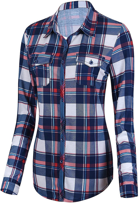Women's Classic Plaid Shirt Button Down Long Sleeve Blouse