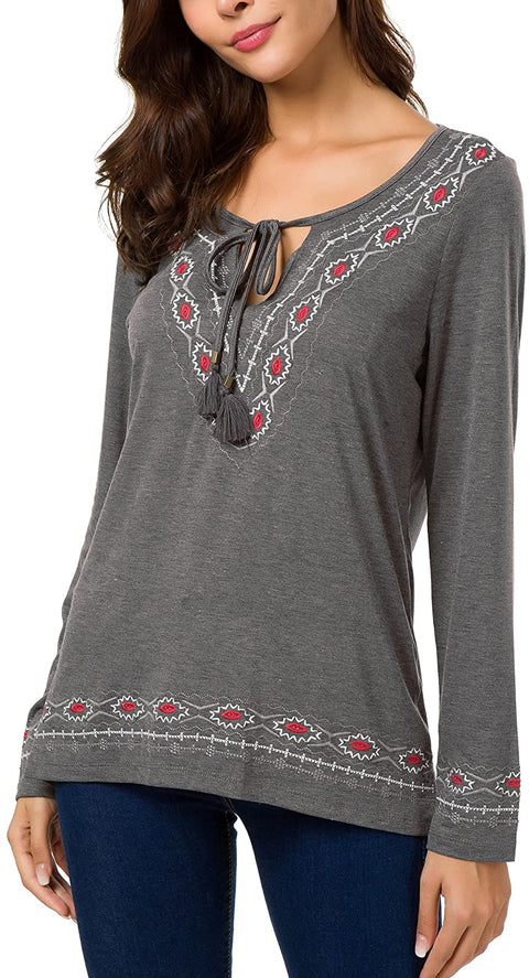 Women's Long Sleeve Boho Tops Tie Neck Embroidered Detail