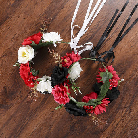AWAYTR Halloween Spider Rose Flower Headband Leave Flower Adjustable Ribbon Headband Wedding Festival Headdress for Girls (White+red+Fake Spider)