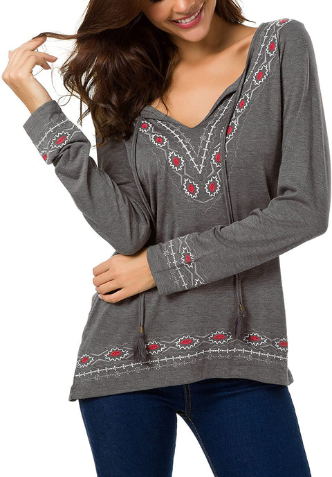 Women's Long Sleeve Boho Tops Tie Neck Embroidered Detail
