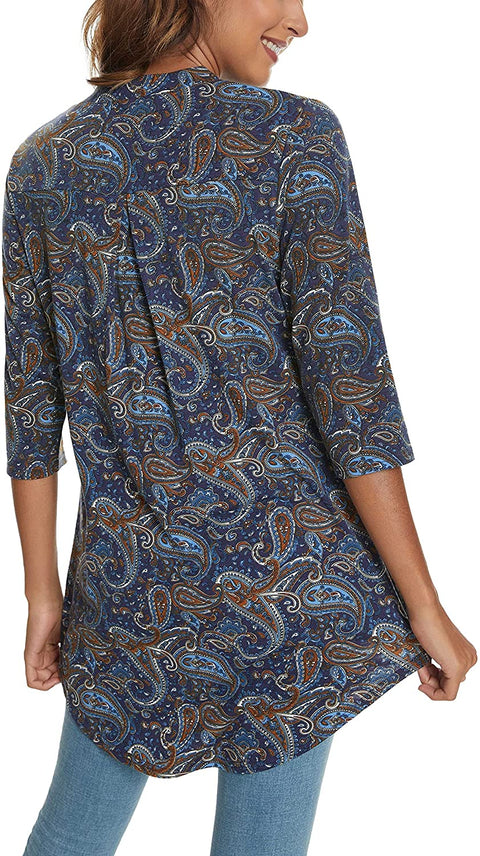 Women's 3/4 Roll Sleeve Tunic Shirts Floral Printed Hi-Low Hem V Neck Blouse Shirts