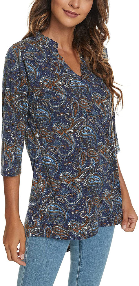 Women's 3/4 Roll Sleeve Tunic Shirts Floral Printed Hi-Low Hem V Neck Blouse Shirts