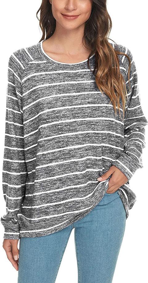 Women's Loose Casual Blouses Long Sleeve Knitted Striped Tunic Tops T-Shirts