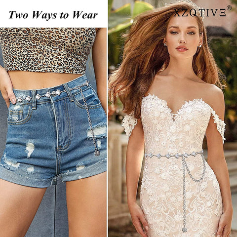 XZQTIVE Waist Chain Belts for Women Rhinestone Crystal Waist Belts Chain for Dresses Adjustable Ladies Metal Body Link Belt