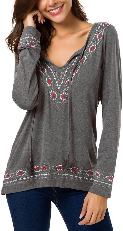 Women's Long Sleeve Boho Tops Tie Neck Embroidered Detail