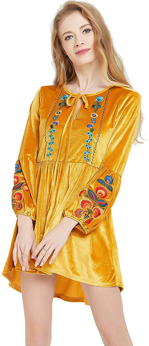 Womens Bohemian Velvet Dress with Embroidery, Elastic on The Waist and Sleeve Opening