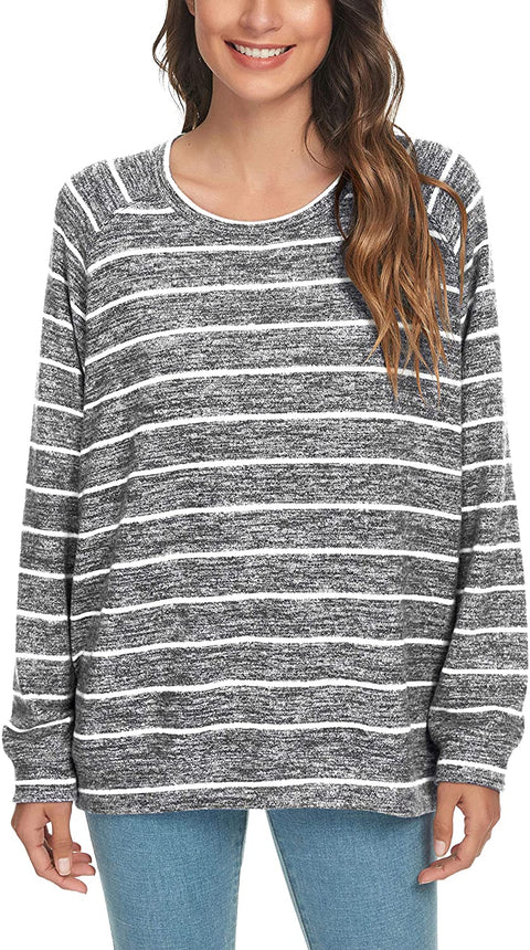 Women's Loose Casual Blouses Long Sleeve Knitted Striped Tunic Tops T-Shirts