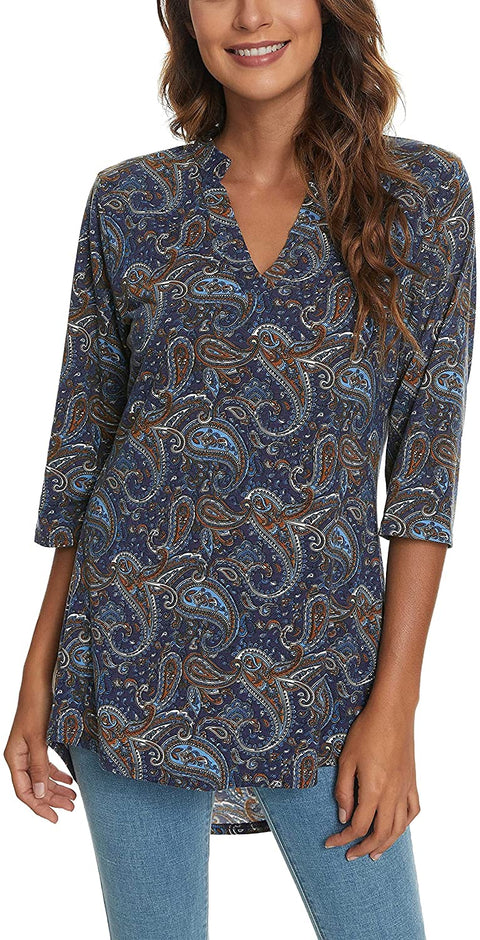 Women's 3/4 Roll Sleeve Tunic Shirts Floral Printed Hi-Low Hem V Neck Blouse Shirts