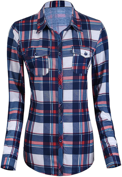 Women's Classic Plaid Shirt Button Down Long Sleeve Blouse
