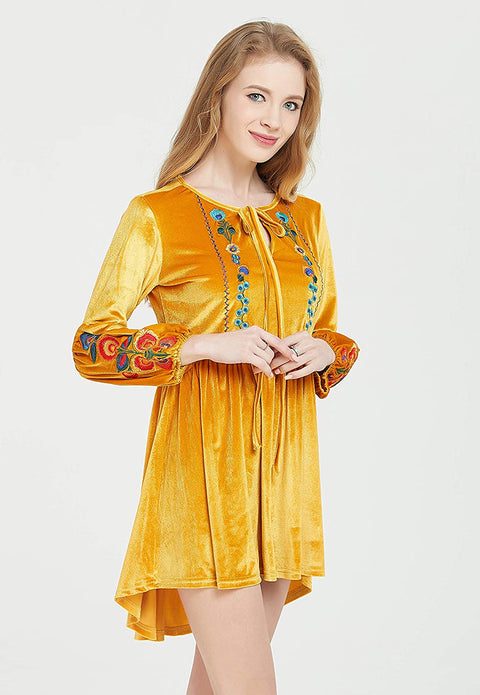 Womens Bohemian Velvet Dress with Embroidery, Elastic on The Waist and Sleeve Opening