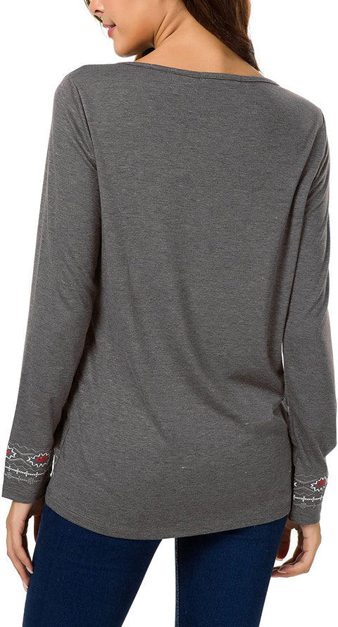 Women's Long Sleeve Boho Tops Tie Neck Embroidered Detail