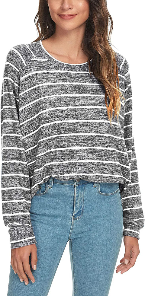 Women's Loose Casual Blouses Long Sleeve Knitted Striped Tunic Tops T-Shirts