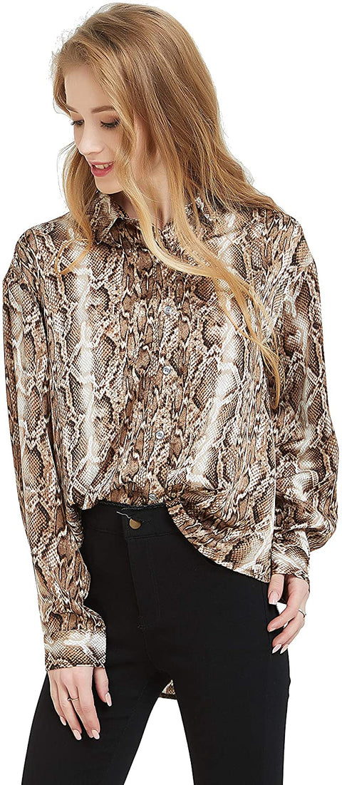 Womens Oversized Long Sleeve Button Down Leopard Snake Zebra Animal Print Shirt Blouse