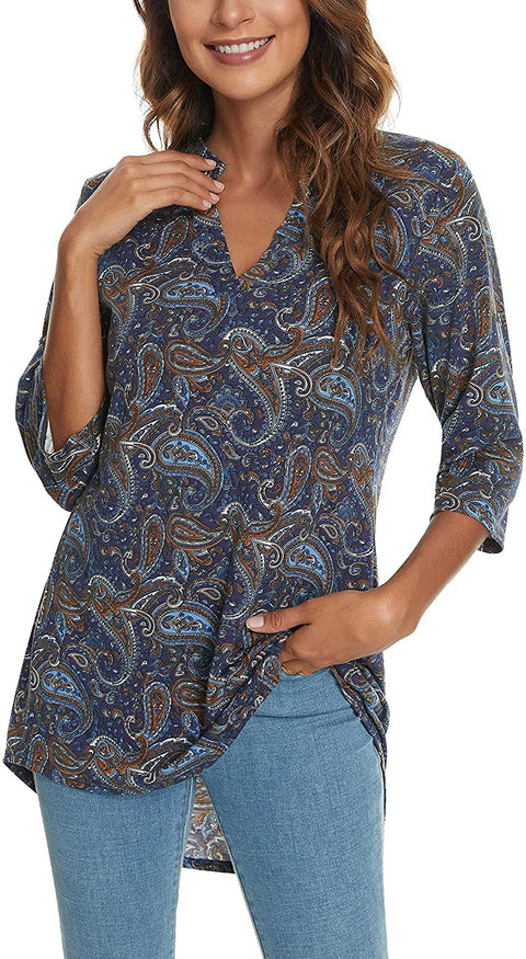 Women's 3/4 Roll Sleeve Tunic Shirts Floral Printed Hi-Low Hem V Neck Blouse Shirts