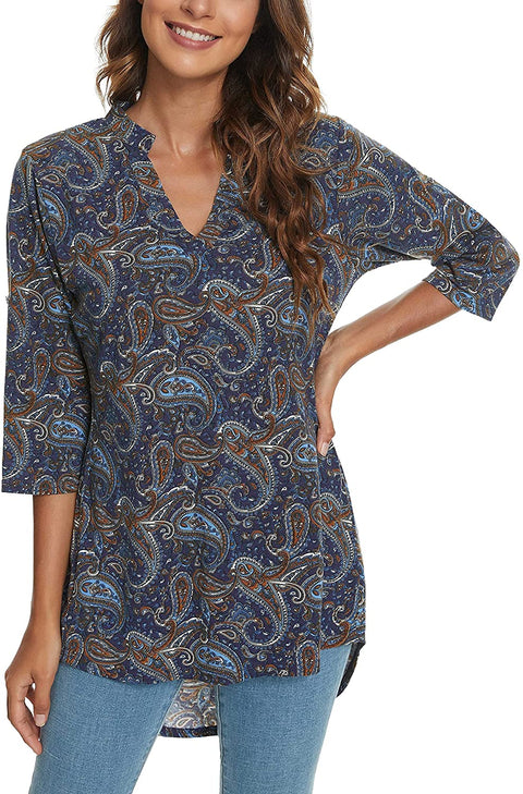 Women's 3/4 Roll Sleeve Tunic Shirts Floral Printed Hi-Low Hem V Neck Blouse Shirts