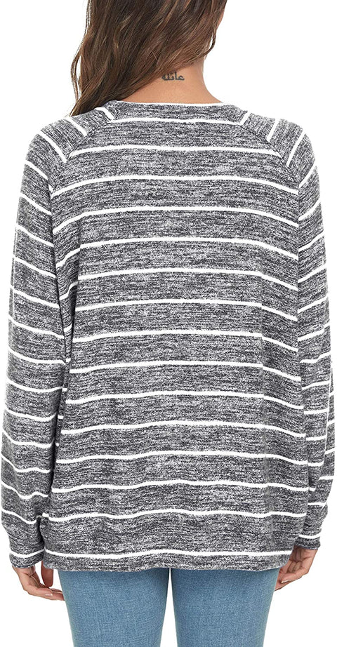 Women's Loose Casual Blouses Long Sleeve Knitted Striped Tunic Tops T-Shirts