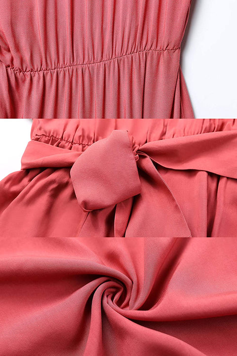 Carrotomato Women's Plus Size Casual Dress V Neck Slit Belt Swing Skirt with Pocket Pink 22
