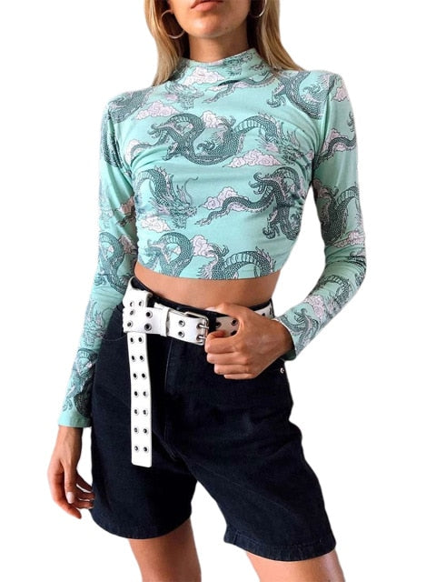 Women Dragon Pattern Print Crop T-shirts